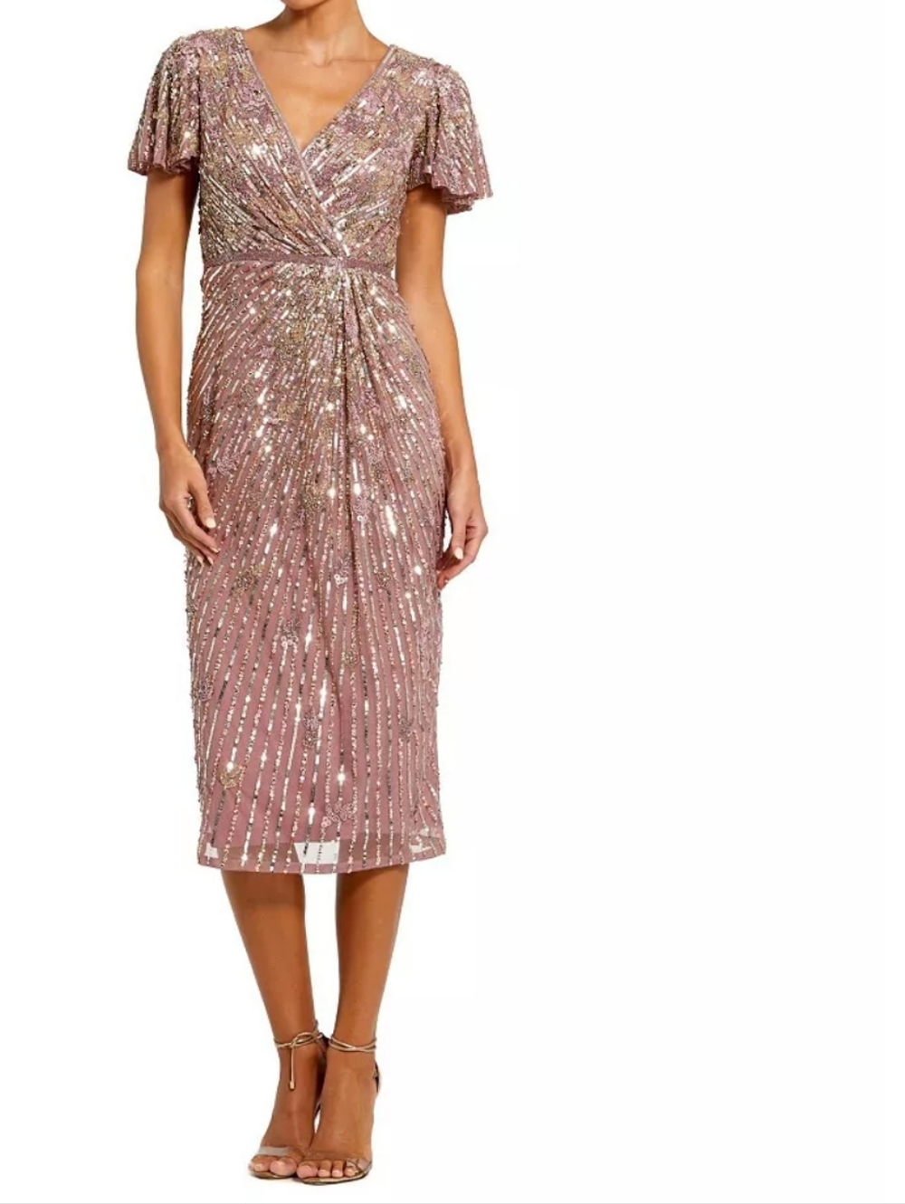 Mac Duggal Embellished Faux Wrap Flutter Sleeve V Neck Sequins Dress Size 10